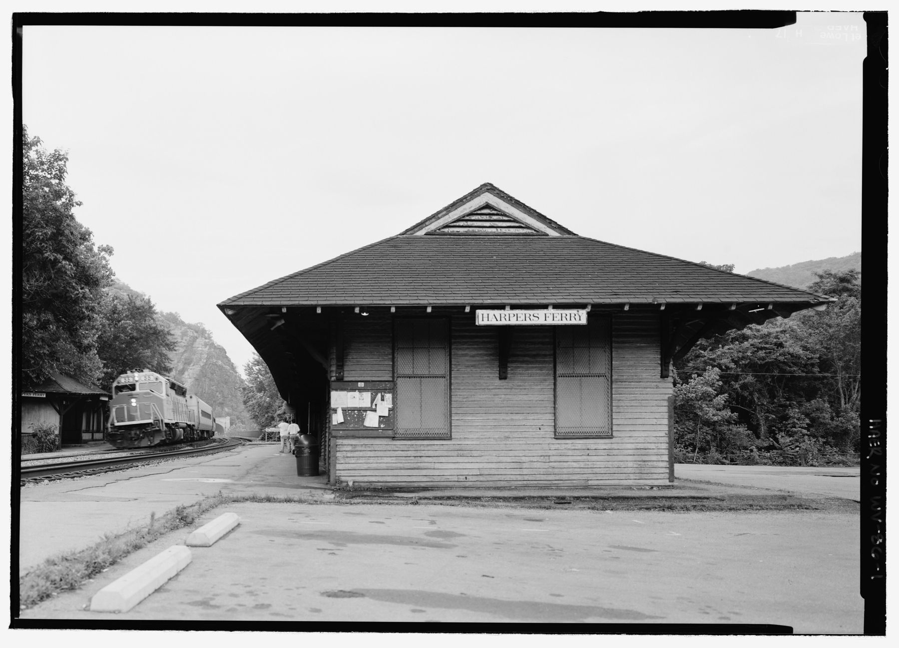 The Harpers Ferry, West Virginia train station with a MARC train approaching